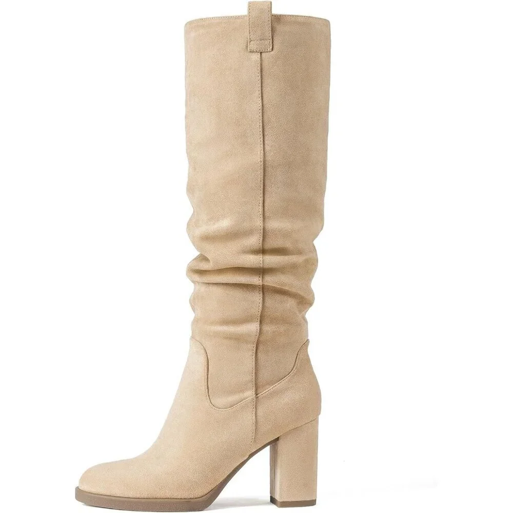 Women's Beige Tall Chunky High Heel Side Zipper Knee High Boots With Party